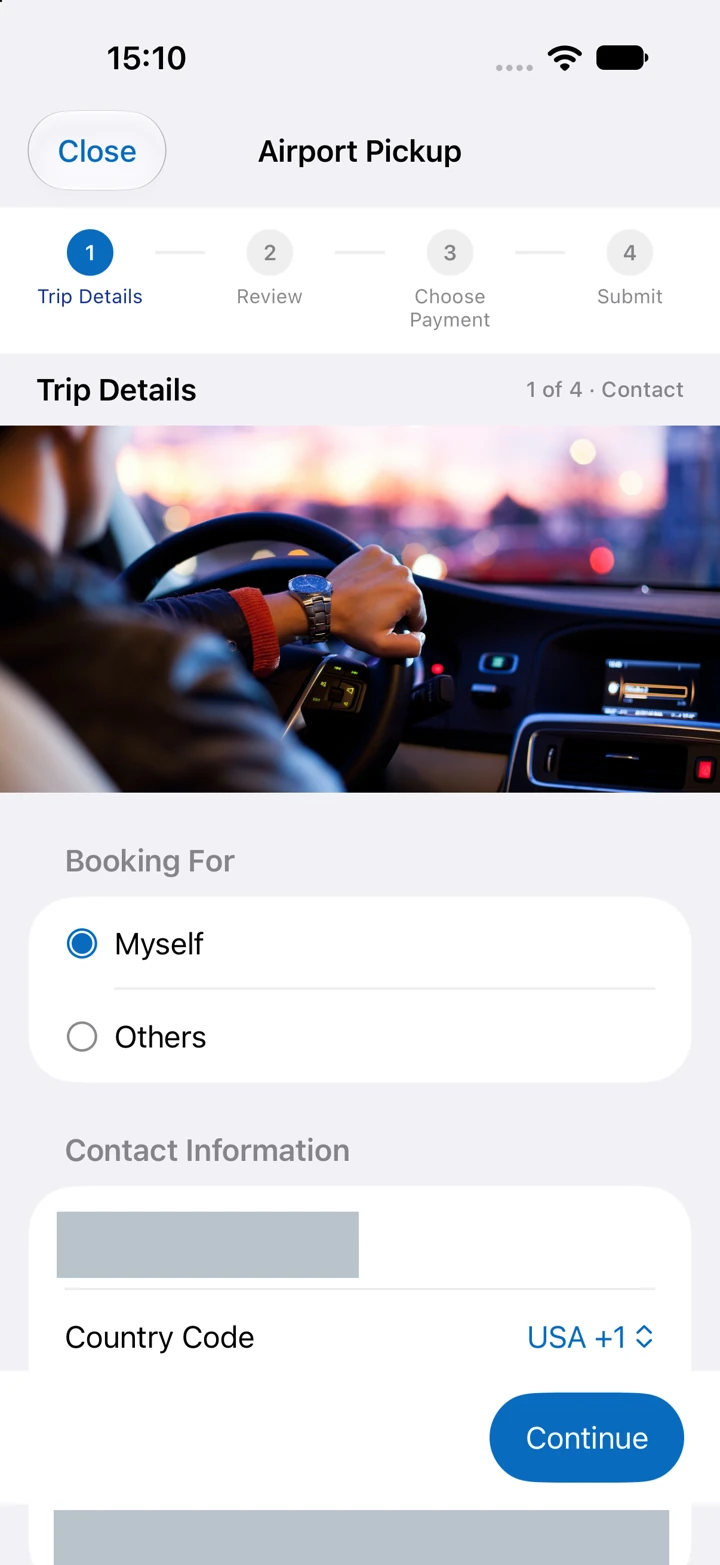 The real Airport Pickup booking form, with personal contact details masked.
