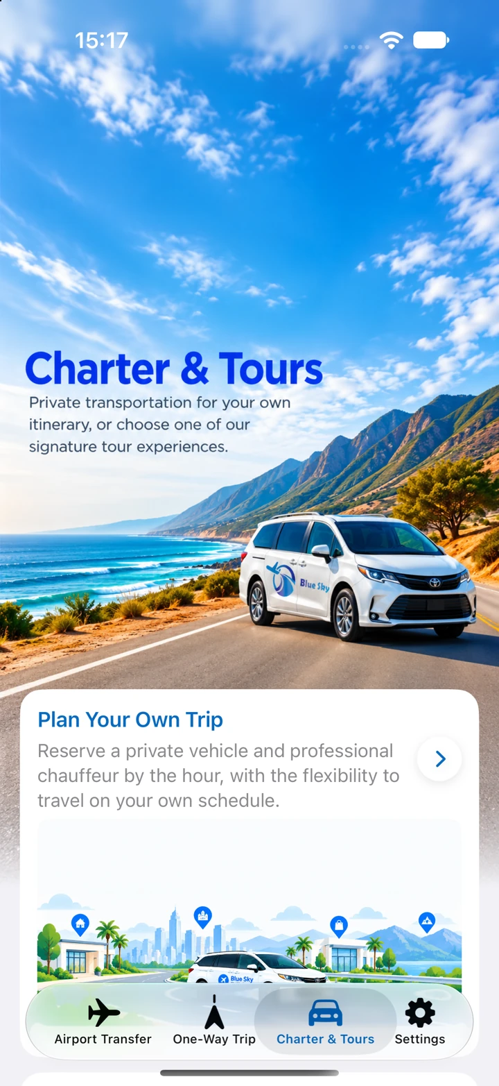 The actual Charter & Tours screen from the running BlueSky Ride app.