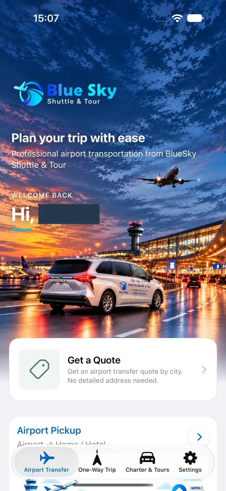 The real BlueSky Ride Home screen, with the personal greeting masked.