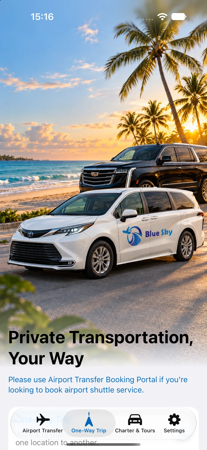 The actual One-Way Trip service screen from the running BlueSky Ride app.