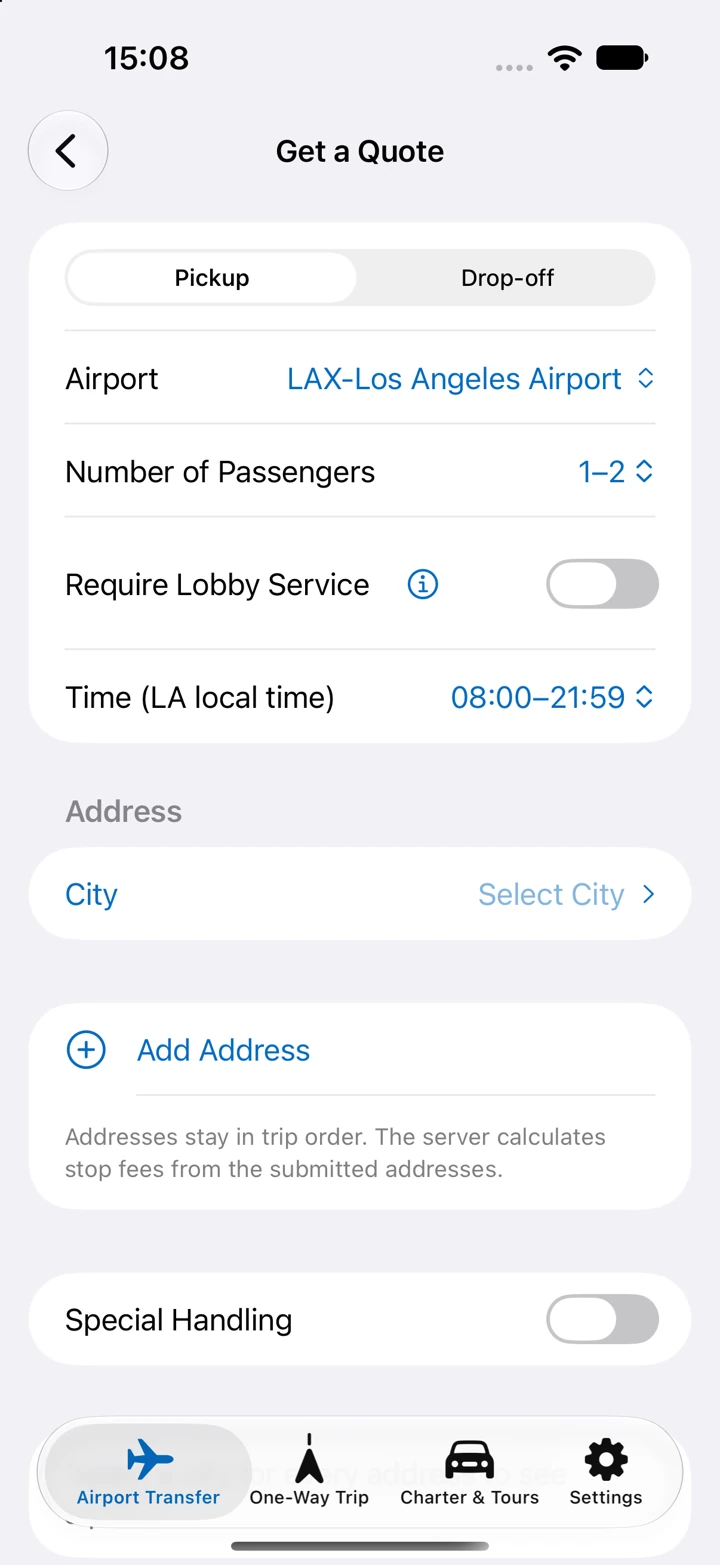 The real Get a Quote interface with airport, passengers, service time and city selections. No price was requested.