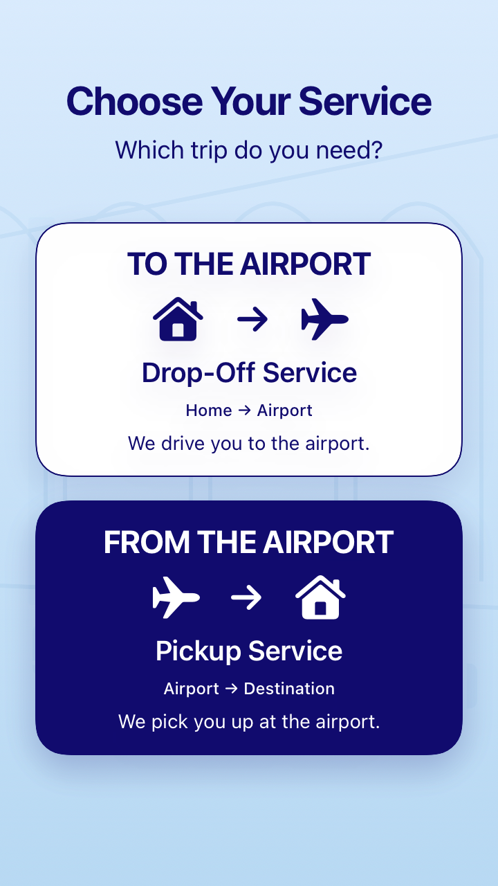 The original BlueSky Ride guide: Choose Your Service, Drop-Off Service to the airport, Pickup Service from the airport.