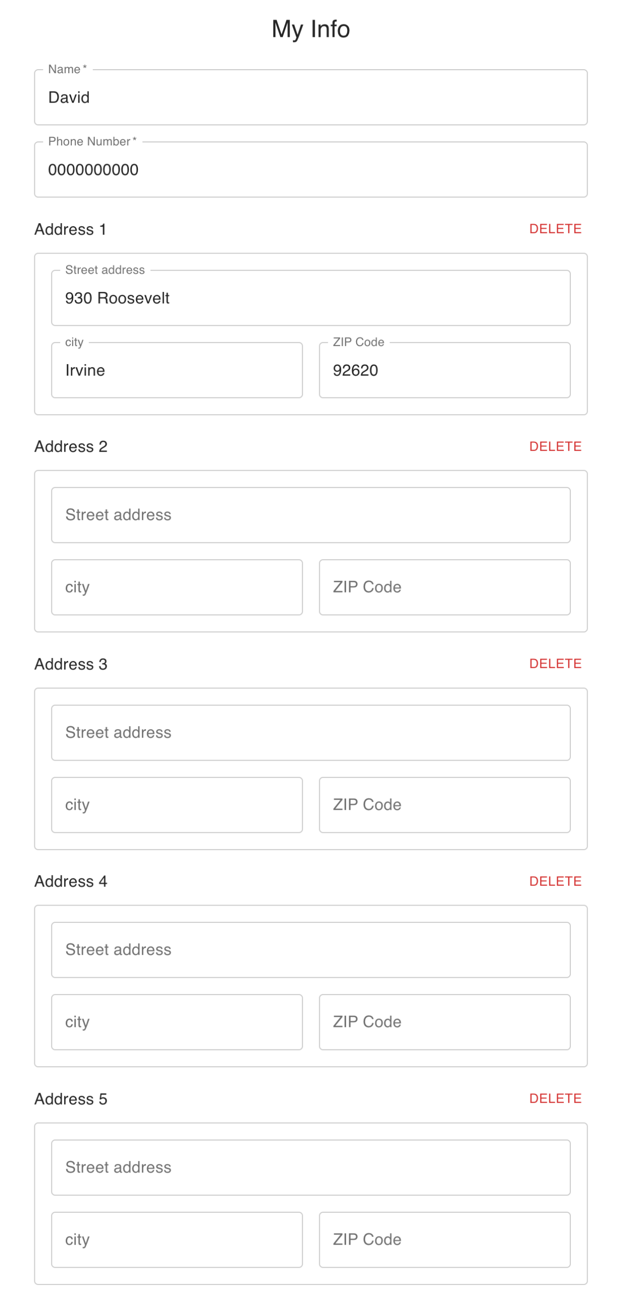 Blue Sky My Info page showing contact details and five saved address fields