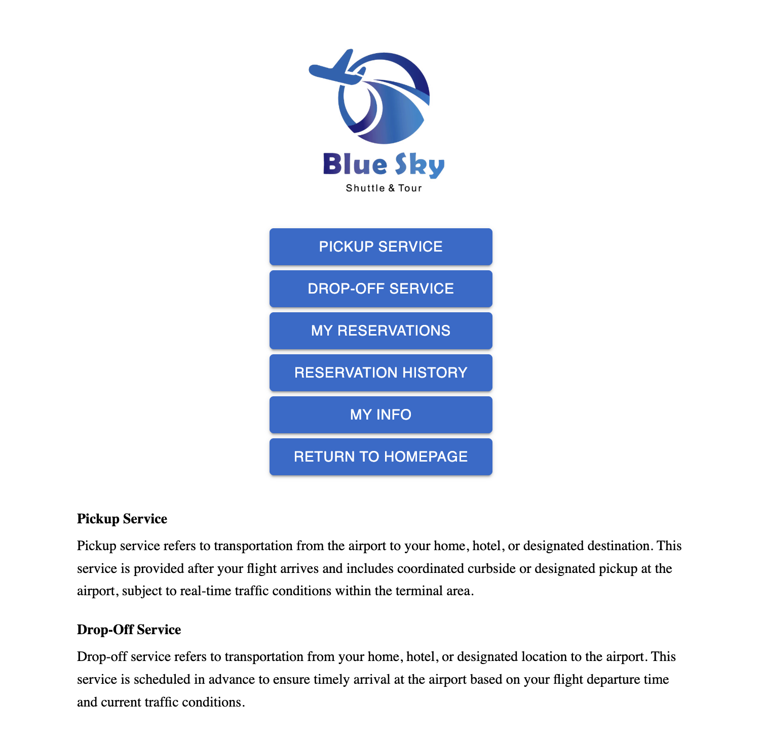 Blue Sky booking menu showing Pickup Service and Drop-Off Service options