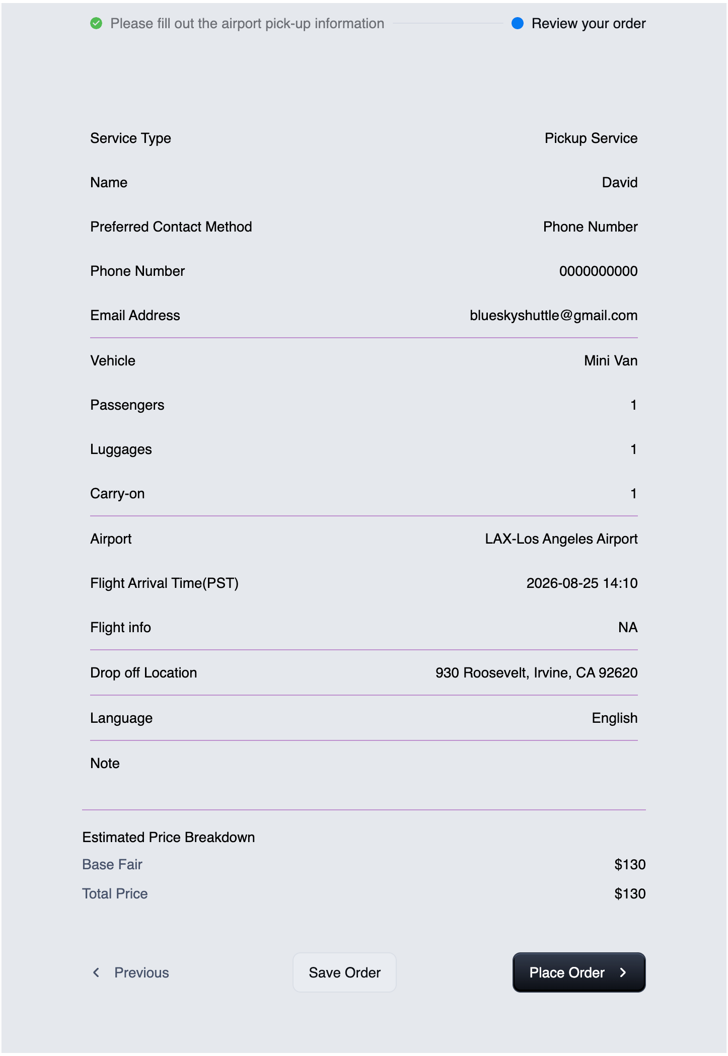 Blue Sky review order page showing trip details, estimated price breakdown, total price, and Place Order button
