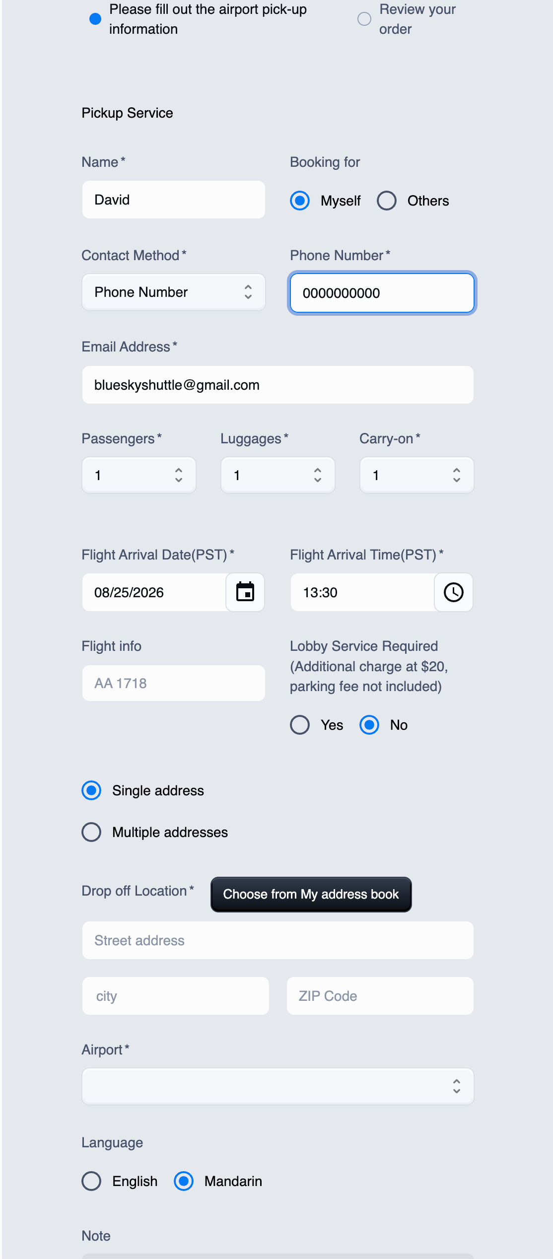 Blue Sky pickup service form showing passenger, contact, flight, address, language, and notes fields