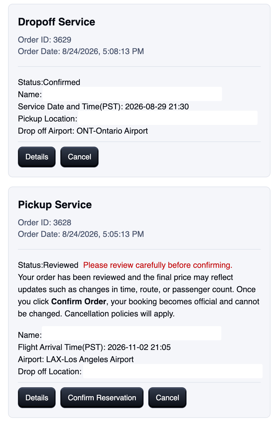 Blue Sky My reservations page showing you can manage trips by details, confirm reservation and cancel button